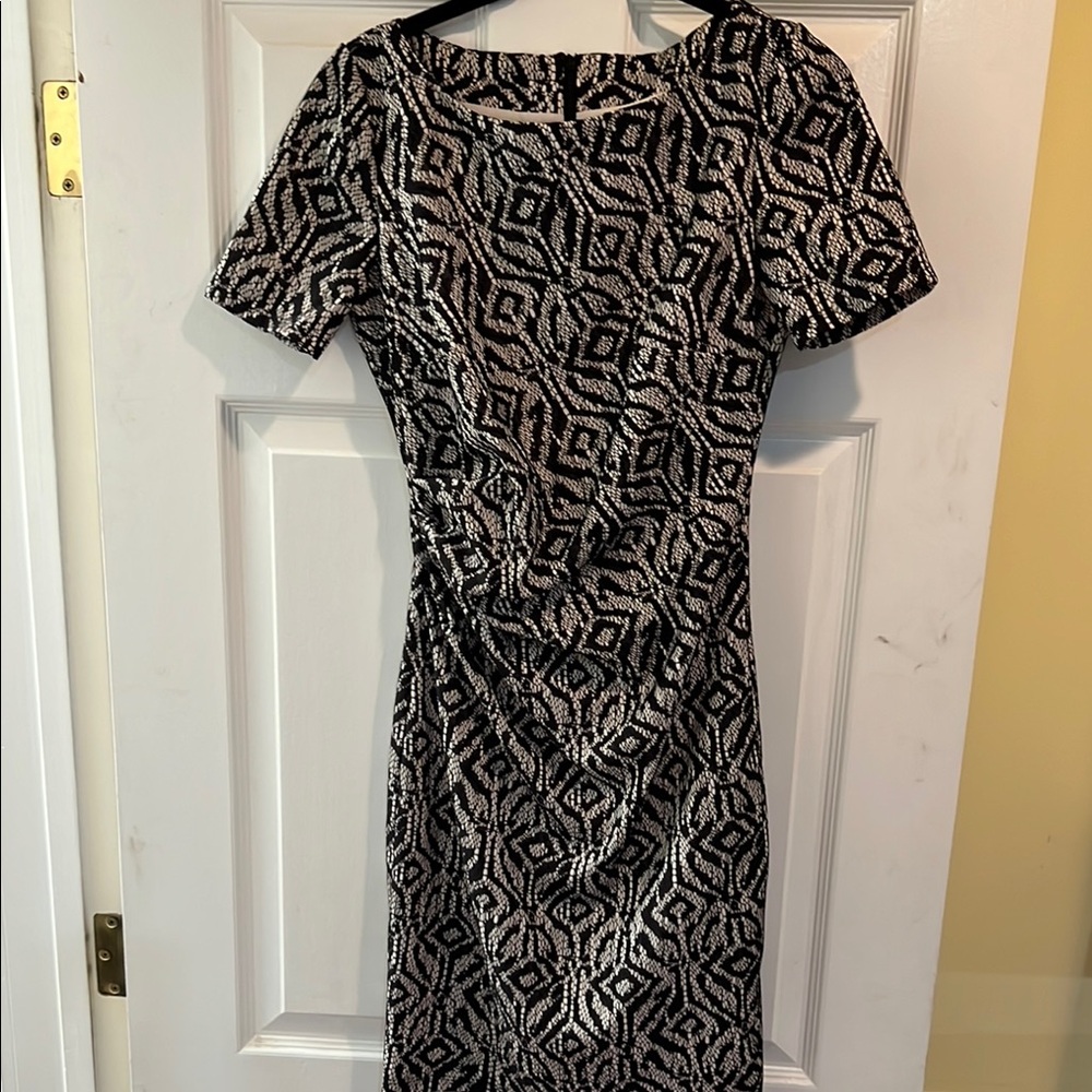 Reiss Black and White Ruched Sheath Midi Dress